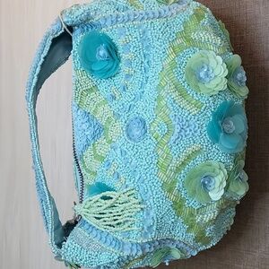 Beaded Floral Embellished Handbag‎ – Aqua Green & Blue – NWT
